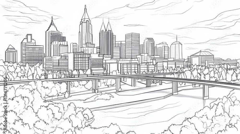 Obraz premium Cityscape Line Drawing - A detailed line drawing of a city skyline, featuring skyscrapers, bridges, and lush greenery along a river. Ideal for coloring books and