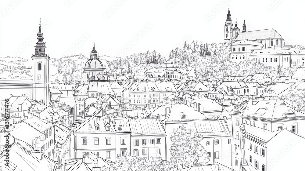 Obraz premium Cityscape Line Drawing - A detailed line drawing of a European city, showcasing its architecture and landscape. Ideal for coloring books or prints