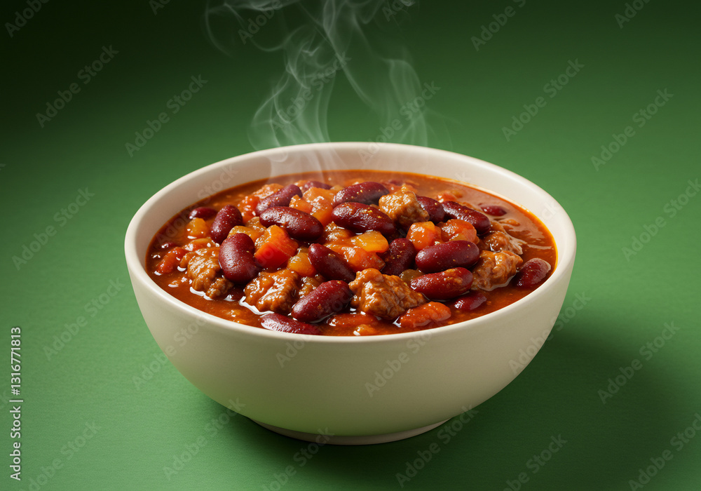 Steaming Bowl of Chili with Red Beans and Ground Beef on Green Background Steaming Bowl of Chili with Red Beans and Ground Beef on Green Background