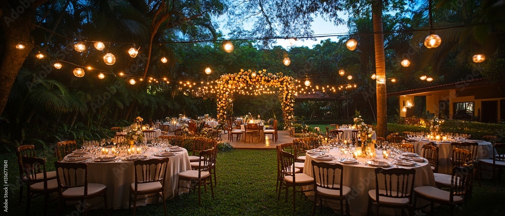 Romantic outdoor reception under string lights, featuring lush greenery, elegant tablescapes, and a charming floral arch Romantic outdoor reception under string lights, featuring lush greenery, elegant tablescapes, and a charming floral arch