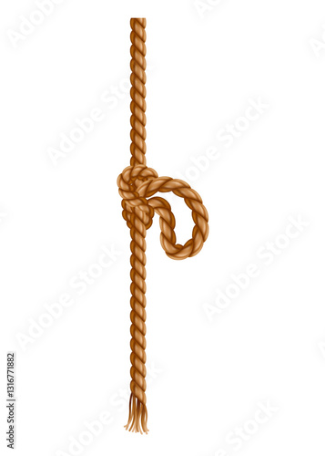 Hanging rope with tassel and node. Knitted nautical thread or marine vertical fiber. Textile tassel hang at rope isolated on white background. Vector illustration