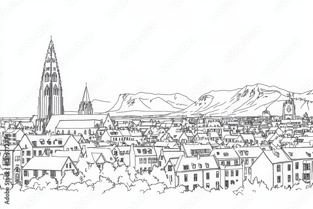 Fototapeta premium Cityscape Line Drawing Coloring Page - A detailed line drawing of a city nestled against mountains, perfect for coloring. Many buildings and a prominent church spire are featured