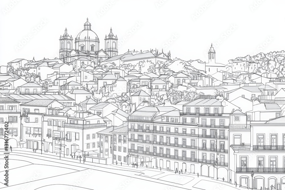 Fototapeta premium Cityscape Line Drawing Coloring Page - A detailed line drawing of a European- city, perfect for coloring. Features buildings, a church, and a cityscape