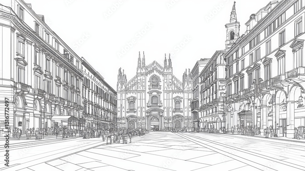 Cityscape Sketch: Architectural Line Drawing - A detailed line drawing of a city square, featuring grand buildings and a prominent cathedral. The is reminiscent of architectural blueprints Cityscape Sketch: Architectural Line Drawing - A detailed line drawing of a city square, featuring grand buildings and a prominent cathedral. The is reminiscent of architectural blueprints