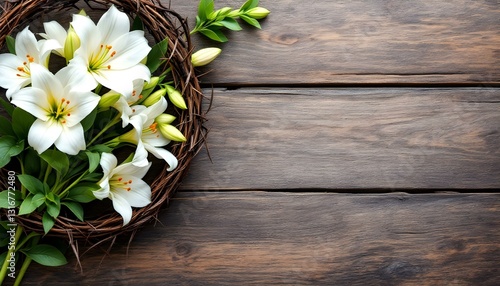 Rustic wooden background with an open Bible, a crown of thorns, and soft white lilies. Warm, gentle lighting enhances the peaceful and spiritual atmosphere, perfect for religious Easter wishes.
