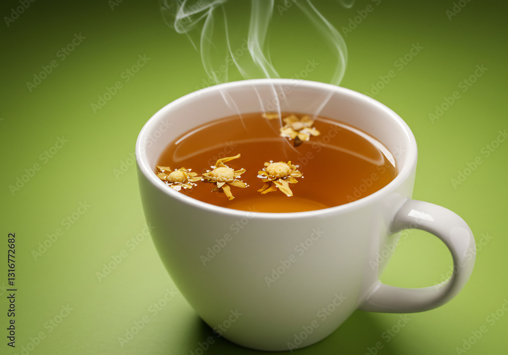 Steaming Cup of Herbal Chrysanthemum Tea on Green Background Steaming Cup of Herbal Chrysanthemum Tea on Green Background