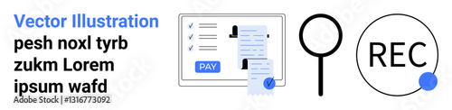 Payment receipt with user list, magnifying glass for inspection, and recording indicator. Ideal for finance, auditing, payment processing, verification, user reviews, data entry abstract line flat