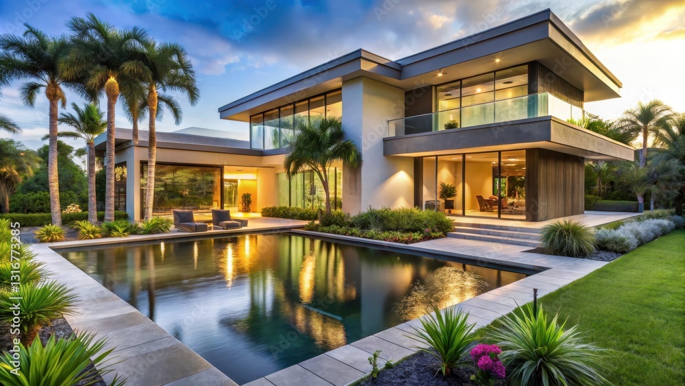 Fototapeta premium A modern luxury house with a sprawling landscaped garden in Florida features a serene water feature and lush tropical plants , tropical plants, modern architecture