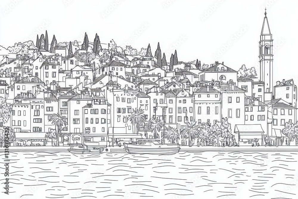 Fototapeta premium Croatian Coastal Town Line Art Coloring Page - Single line drawing of a charming Croatian coastal town, symbolizing seaside life, architecture, history, tourism, and tranquility