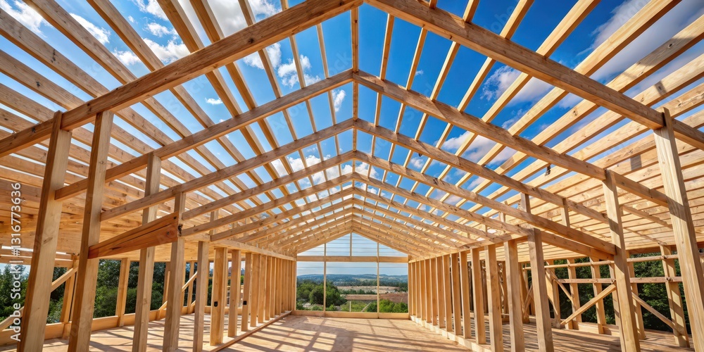 A wooden skeleton frame of a building's roof structure exposed , wooden skeleton, building foundation A wooden skeleton frame of a building's roof structure exposed , wooden skeleton, building foundation