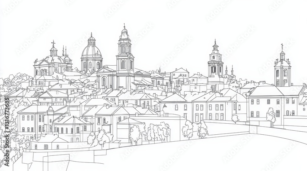 Obraz premium European Cityscape Line Drawing - A detailed line drawing of a charming European city, showcasing its architecture and cityscape. Ideal for coloring books or prints