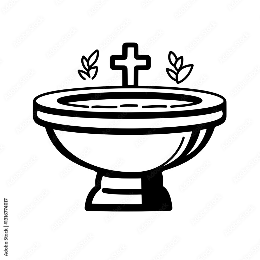 Symbolic baptismal font with subtle leaves and a cross design accentuating sacred moments of faith and renewal in serene settings Symbolic baptismal font with subtle leaves and a cross design accentuating sacred moments of faith and renewal in serene settings