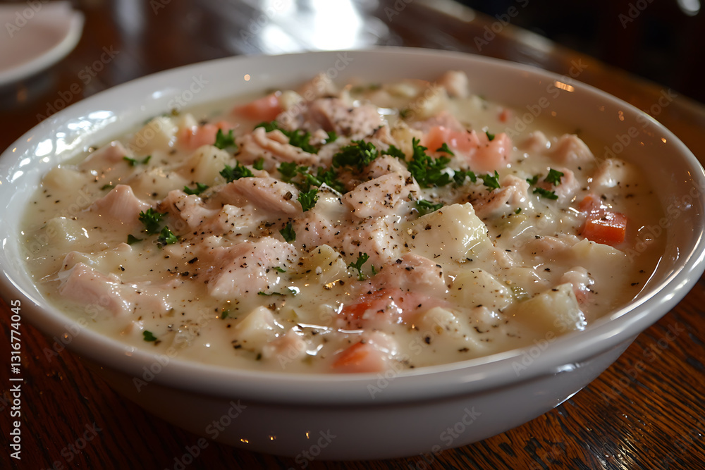 Creamy soup filled with chicken potatoes and carrots sprinkled with pepper and parsley in a white bowl. Creamy soup filled with chicken potatoes and carrots sprinkled with pepper and parsley in a white bowl.