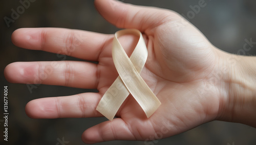 A hand holding a pale ribbon symbolizes awareness and hope for various causes and social movements. photo