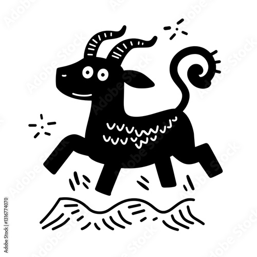 Charming black and white vector illustration of a playful goat frolicking in a whimsical landscape full of lively elements