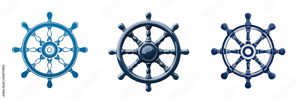 Fototapeta premium Set of a ship's wheel in blue color, isolated on transparent background.