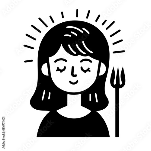 Portrait of a whimsical girl holding a pitchfork, radiating mischief and charm in a minimalist vector design