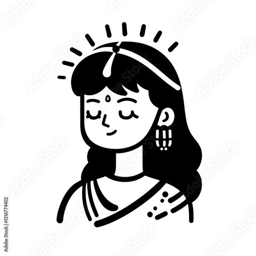 Elegant vector illustration of a serene woman adorned in traditional attire with a joyful expression