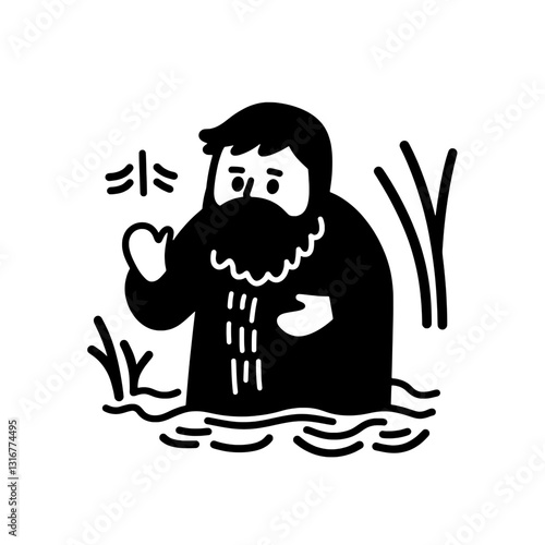 Rugged figure waves from a tranquil marsh surrounded by gentle grass under a bright sunlit sky