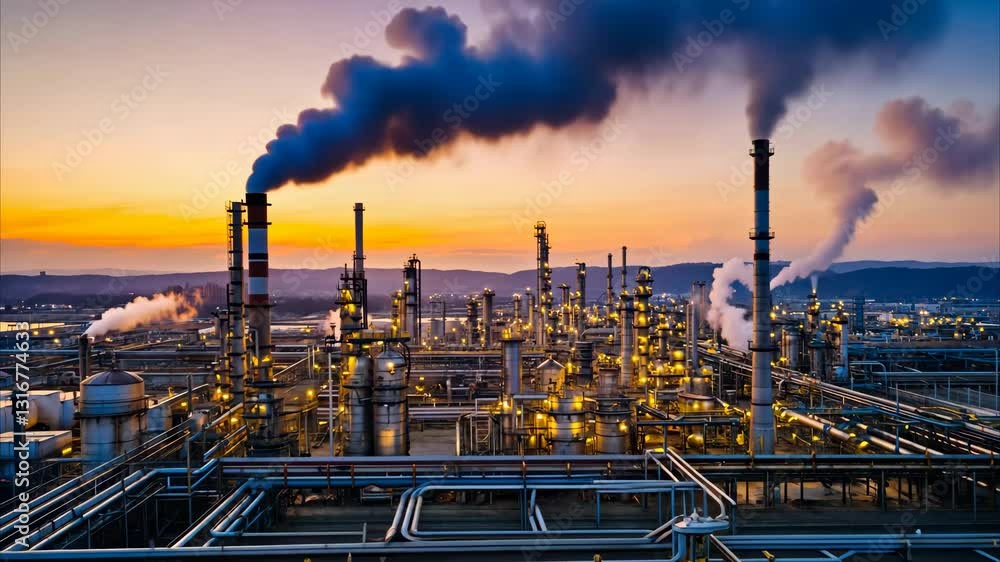 Industrial Evening: A vast industrial complex, silhouetted against a colorful evening sky, emits plumes of smoke from its towering stacks. Industrial Evening: A vast industrial complex, silhouetted against a colorful evening sky, emits plumes of smoke from its towering stacks.