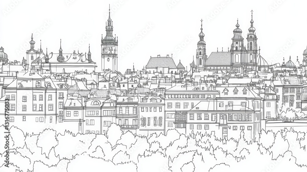 Obraz premium Krakow Skyline Line Art Drawing - Single line drawing of Krakow's cityscape, symbolizing architecture, history, tourism, urban landscape, and Polish heritage
