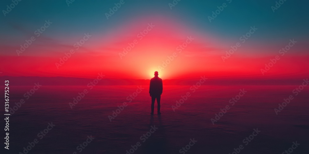 A silhouetted person stands in the ocean at sunset.
A silhouetted person stands in the ocean at sunset.