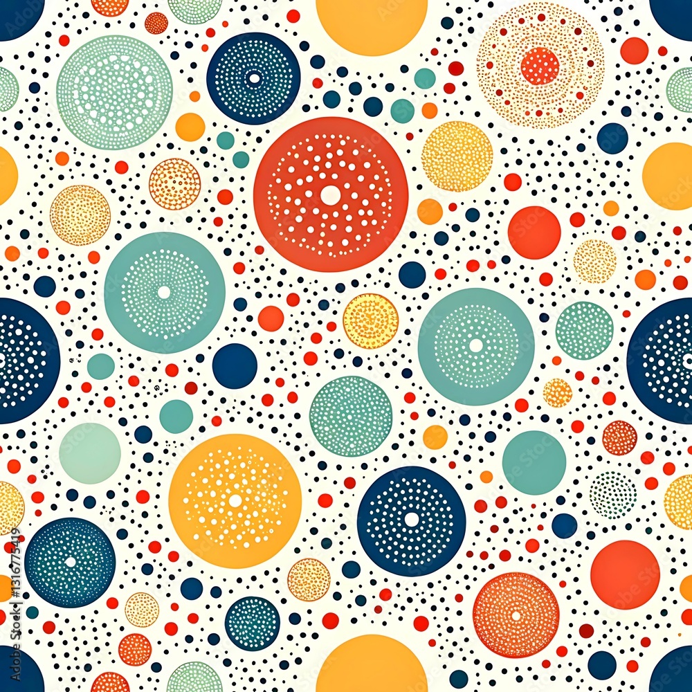 Colorful abstract seamless pattern with dots and circles design art fun red blue teal boho style Colorful abstract seamless pattern with dots and circles design art fun red blue teal boho style