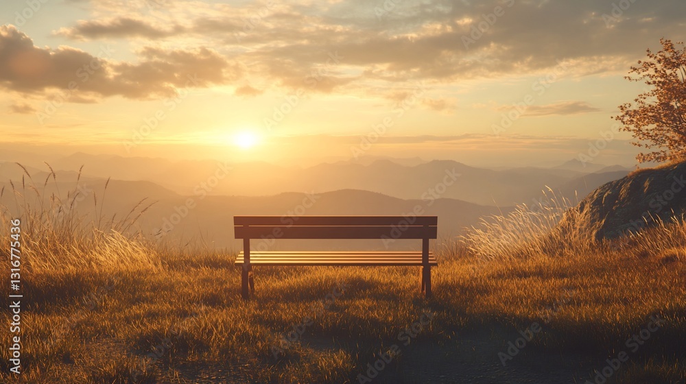 Serene sunset view from mountaintop bench Serene sunset view from mountaintop bench