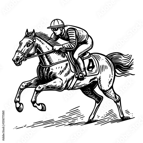 Dynamic equestrian racing scene depicting a jockey and horse in motion, showcasing the excitement and speed of the sport on a vibrant track