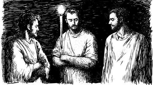 Three figures engaged in thoughtful conversation under soft light in a darkened setting