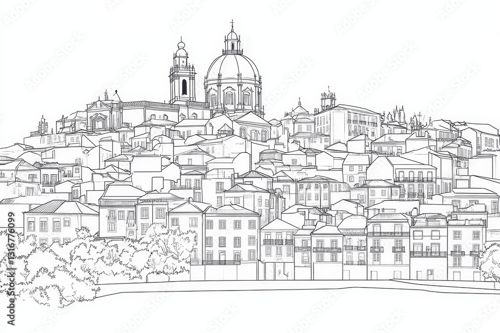 Lisbon Skyline Drawing: A Coloring Page - Single line drawing of Lisbon's cityscape, showcasing architecture, hills, and trees. Symbolizing history, urban life, beauty, culture, and travel Lisbon Skyline Drawing: A Coloring Page - Single line drawing of Lisbon's cityscape, showcasing architecture, hills, and trees. Symbolizing history, urban life, beauty, culture, and travel