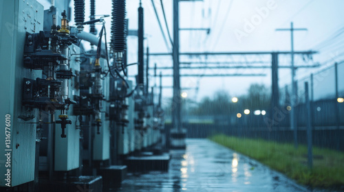 High-voltage electrical equipment stands in close proximity, glistening with rain, as dark skies overshadow an industrial setting