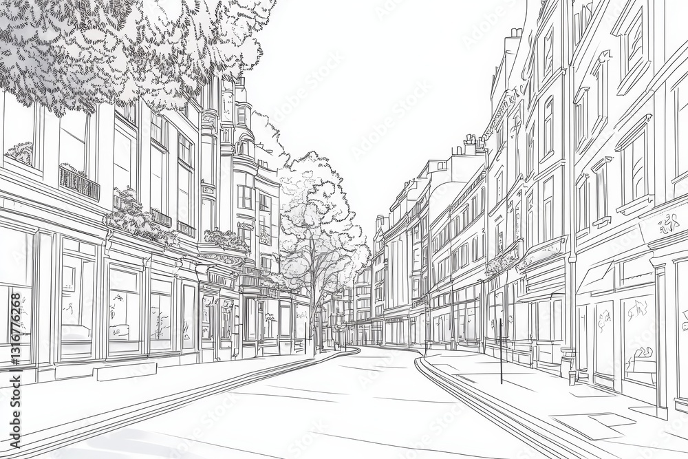 London Street Scene Line Art Drawing - Single line drawing of a London street, symbolizing architecture, urban life, history, elegance, and tranquility London Street Scene Line Art Drawing - Single line drawing of a London street, symbolizing architecture, urban life, history, elegance, and tranquility