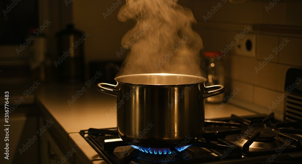 A Stainless Steel Pot Simmering on a Gas Stove in a Dark Kitchen, Steam Rising A Stainless Steel Pot Simmering on a Gas Stove in a Dark Kitchen, Steam Rising