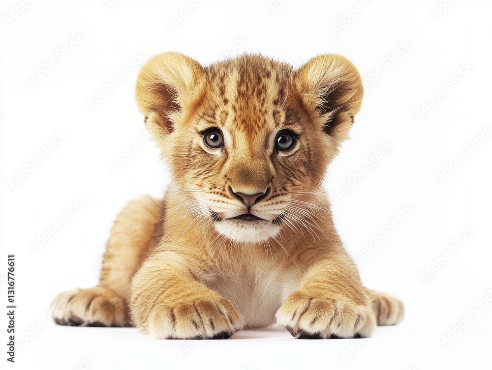 An adorable lion cub resting on white background