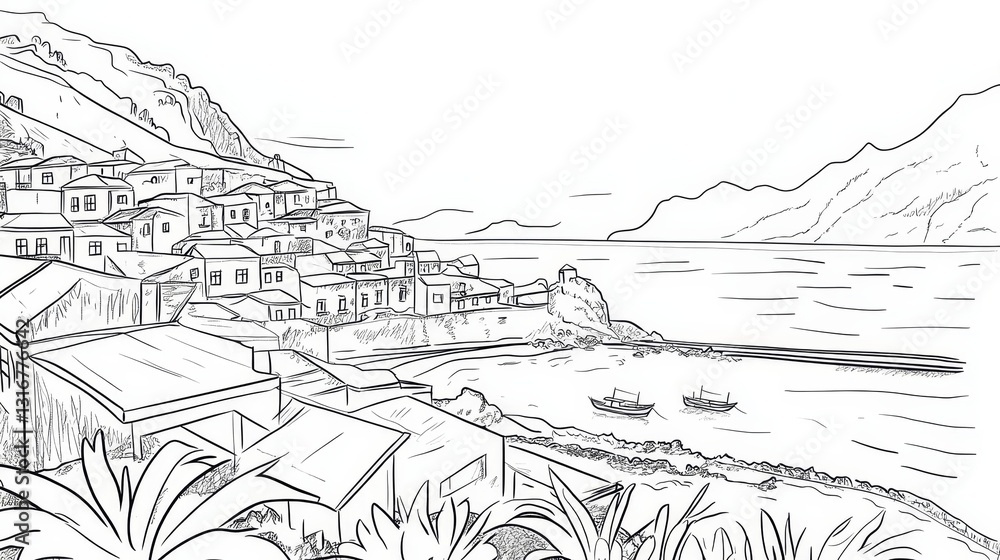 Obraz premium Madeira Island Coastal Village Line Drawing - Single line drawing of a charming coastal village nestled against a hillside, overlooking a calm sea with boats. It symbolizes serenity, coastal life