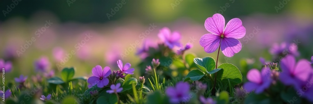 Fototapeta premium Four-leaf clover growing among lush purple and green clover patches, purple, grassy fields