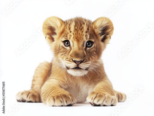 An adorable lion cub resting on white background