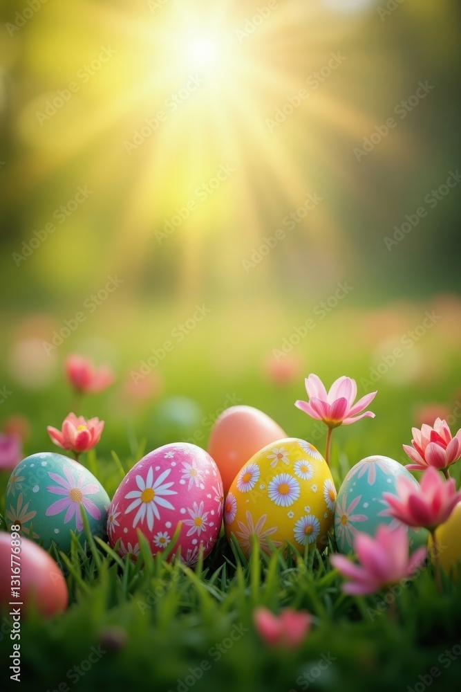 Colorful Easter eggs nestled in grass with sunbeams. Spring, Easter, holiday themes Colorful Easter eggs nestled in grass with sunbeams. Spring, Easter, holiday themes