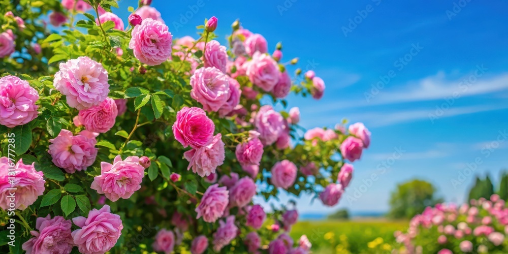 Obraz premium Beautifully bloomed Rosa damascena shrub plant in a lush Bulgarian meadow, with delicate pink flowers and lush green foliage, set against a sunny blue sky , valley of roses, garden