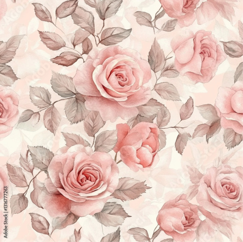 a seamless pattern of romantic,  vintage roses in soft dusty rose and creme, watercolor