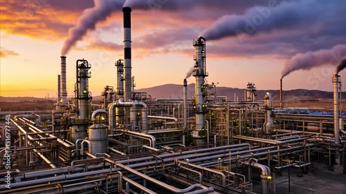 Industrial Complex at Sunset: A sprawling industrial complex, belching plumes of smoke into the sky, stands under a vibrant sunset.