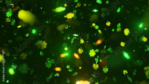 Rotating Green and Gold Irish Shamrocks Floating towards camera, St. Patrick’s Day Looped Background