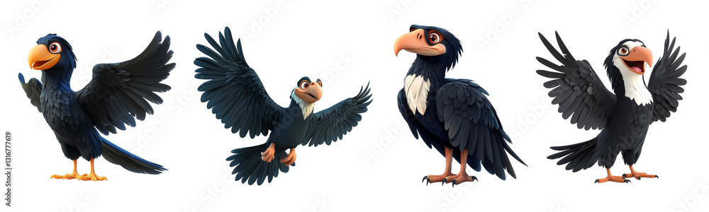 Fototapeta premium Set of cartoon birds with colorful feathers and expressive poses isolated on transparent background, Cutout PNG