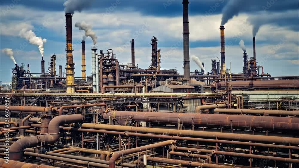 Industrial Landscape: A sprawling industrial complex belches smoke into a stormy sky, with pipelines and infrastructure dominating the foreground in a display of industry and environmental impact. Industrial Landscape: A sprawling industrial complex belches smoke into a stormy sky, with pipelines and infrastructure dominating the foreground in a display of industry and environmental impact.