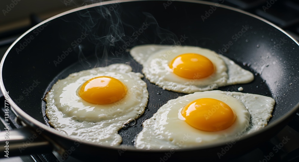 Delicious Sunny-Side Up Eggs Cooking in a Black Frying Pan A Perfect Breakfast Meal Preparation Delicious Sunny-Side Up Eggs Cooking in a Black Frying Pan A Perfect Breakfast Meal Preparation