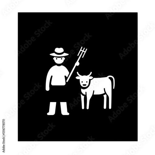 Farm worker with pitchfork standing beside a calf in a rural setting during sunny daytime