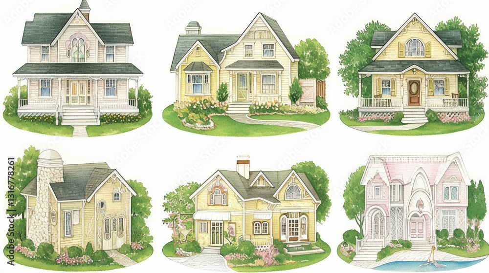 Naklejka premium Charming collection of six illustrated houses showcasing various architectural styles and colors, surrounded by lush greenery and gardens, evoking sense of warmth and home