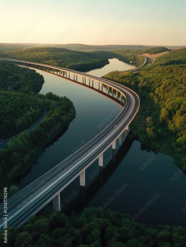Fototapeta premium Elevated highway cutting through dense forest landscape at dawn