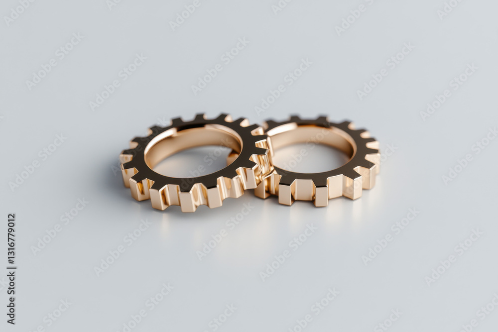 Two golden gears interlocking on a reflective surface Two golden gears interlocking on a reflective surface